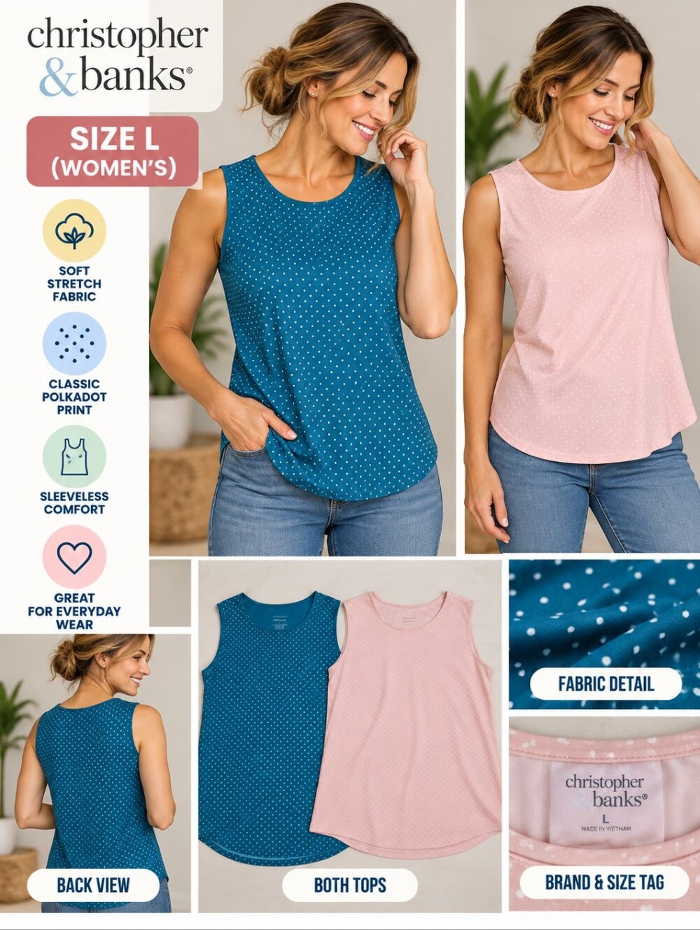 Christopher banks Women's large set of 2 polkadot tops #36